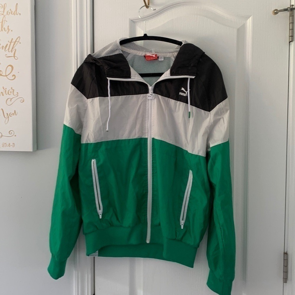 Vintage puma windbreaker zip up size Small multicolored green white black hooded